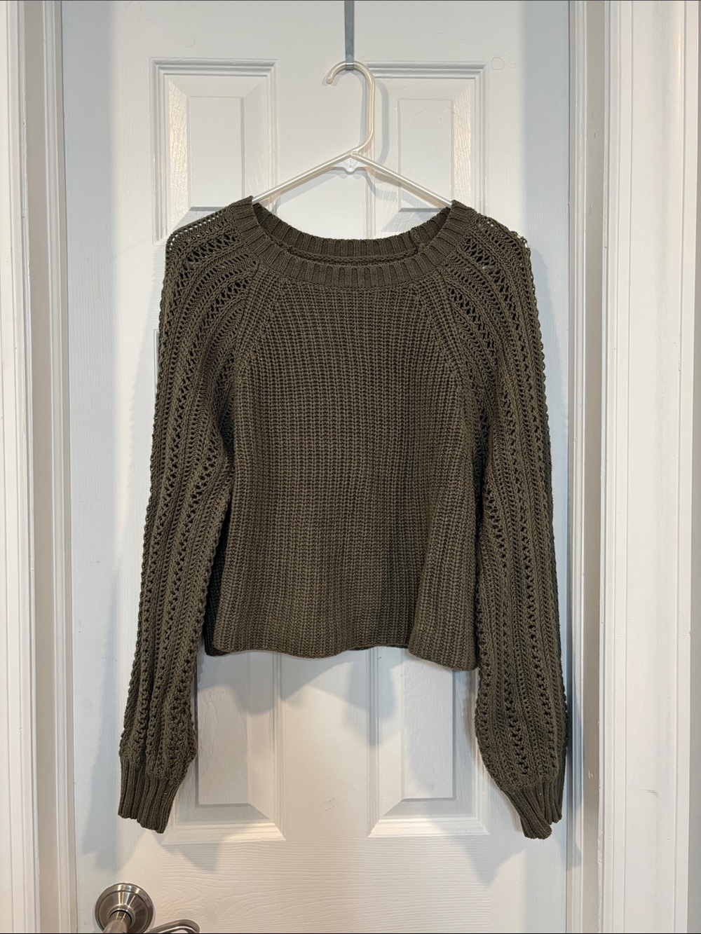 American Eagle Outfitters Olive Green Open Stitch Crewneck Sweater